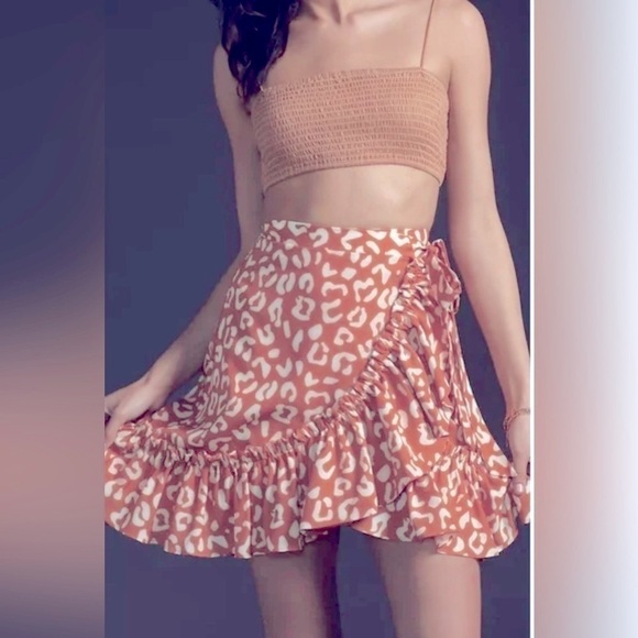 Anthropologie Hutch Ruffles Wrapped Mini Skirt Orange Tan Animal Print M Petite - Picture 1 of 14